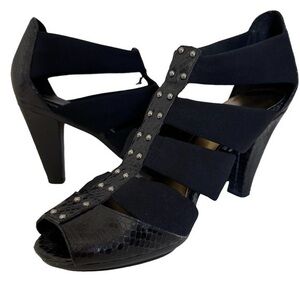 Arturo Chiang Black Fiji Snake  Gold Studded Stretch Strappy Platform Sandals